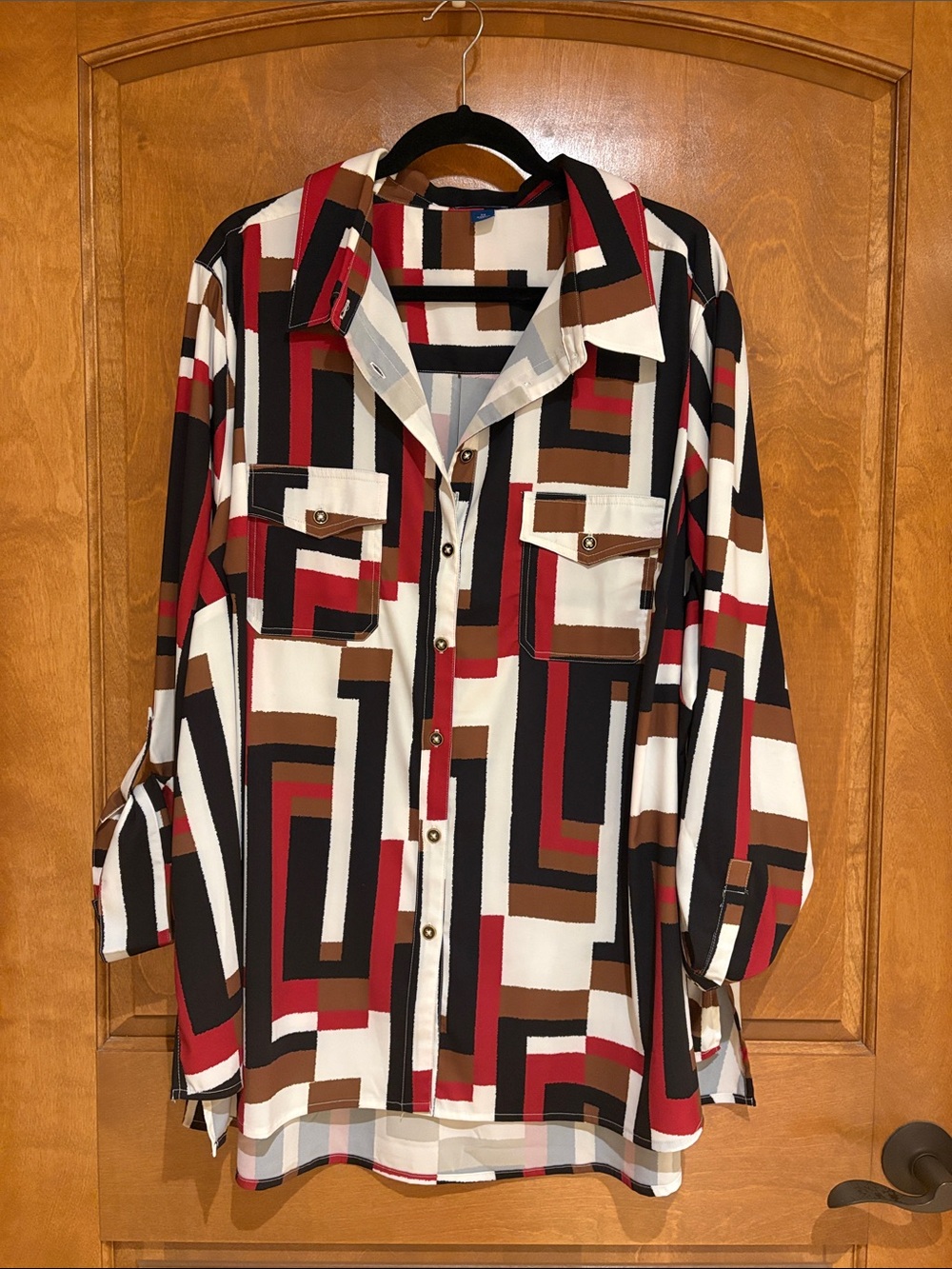 Liz & Me Geometric Button-Down Shirt in Red, Black, Brown, White